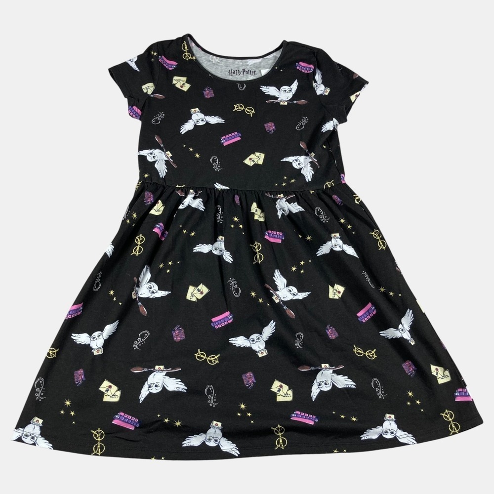 Harry Potter Kids Girls Hedwig Owl Print Dress Size 2X‎ Black Short Sleeve New